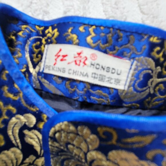 Hongdu Chinese Traditional Style Evening Dress Blue/Gold Floral High Slit - Picture 3 of 10